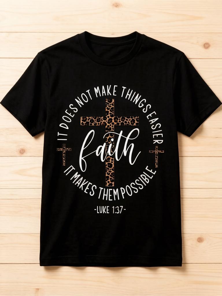 Women's Faith Cross Christmas Gift Graphic Print Crew Neck T-shirt Fitted Casual Top, Soft Fabric, All Seasons Wear