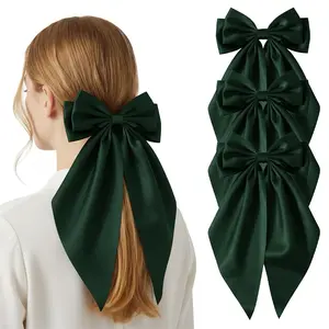 Large Silky Satin Bows 3 count Green Hair Ribbons for Women - Cute  Bow Clips with Long Tails and Ponytail Barrettes