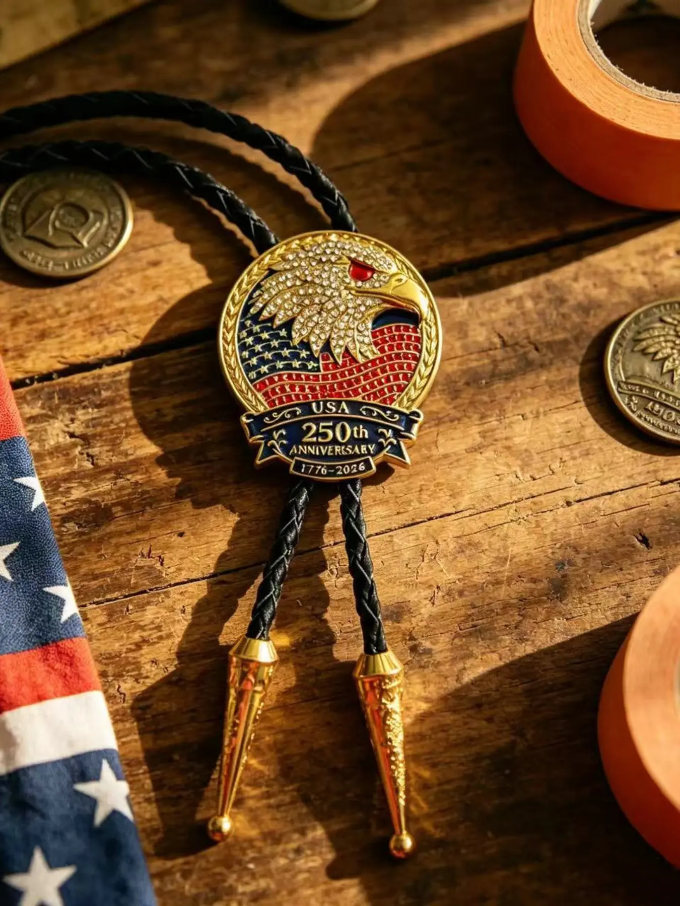 Vintage Patriotic Eagle Men's Bow Tie, Usa 250th Anniversary Flag Rhinestone Western Cowboy Leather Rope Tie, Independence Day Dress Accessory