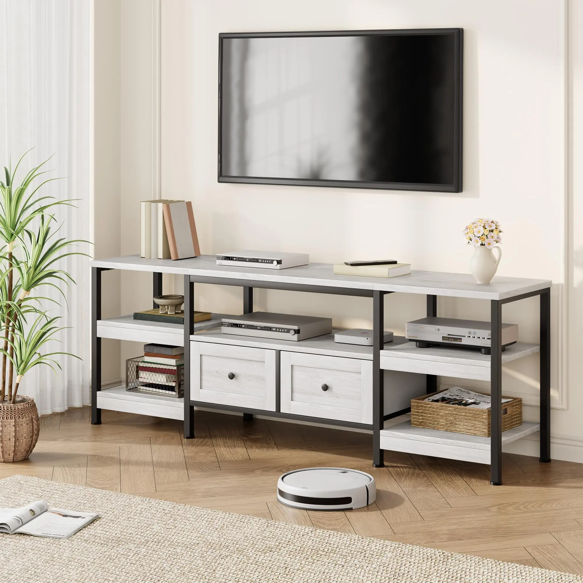 Modern Industrial TV Stand, Metal Frame with 2 Fabric Drawers & Open Shelves, Space-Saving Media Console, Fits TVs up to 75 Inch, Sturdy for Daily Use
