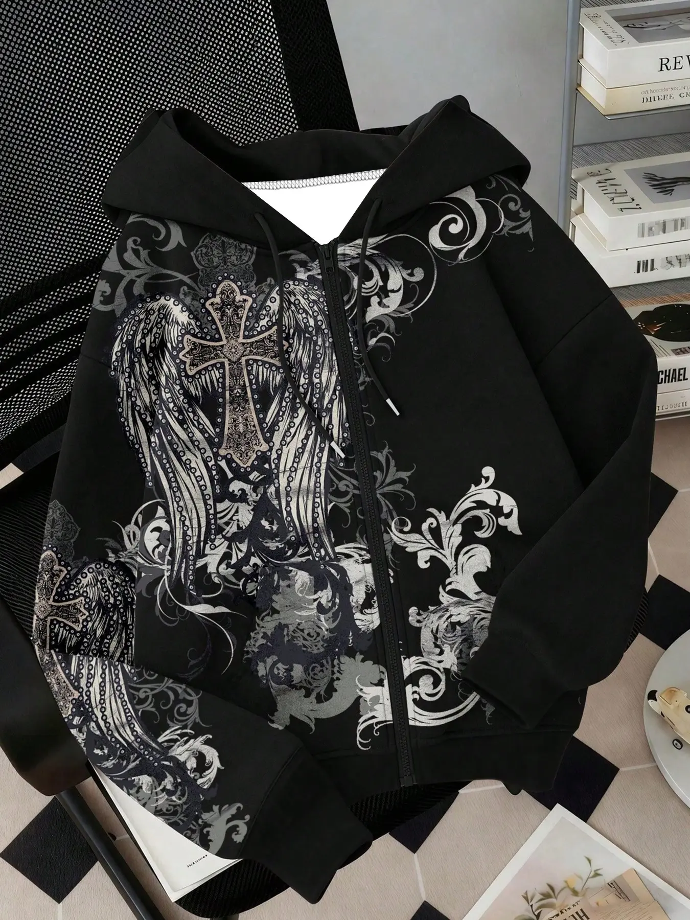 Y2K Gothic Baroque Cross Angel Wing Graphic Zipper Sweatshirt Jacket, Unisex Baggy Long Sleeve Street Style, Fall Winter Casual Outerwear