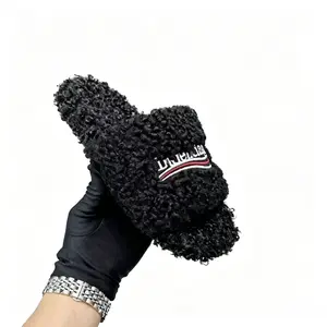 Women's Black Curly Faux Fur Slide Slippers, Embroidered Open Toe Fluffy Shearling House Slippers, Non-Slip Soft Warm Cozy Indoor Outdoor Plush Slippers for Fall Winter Women's Black Curly Faux Fur Slide Slippers, Embroidered Open Toe Fluff