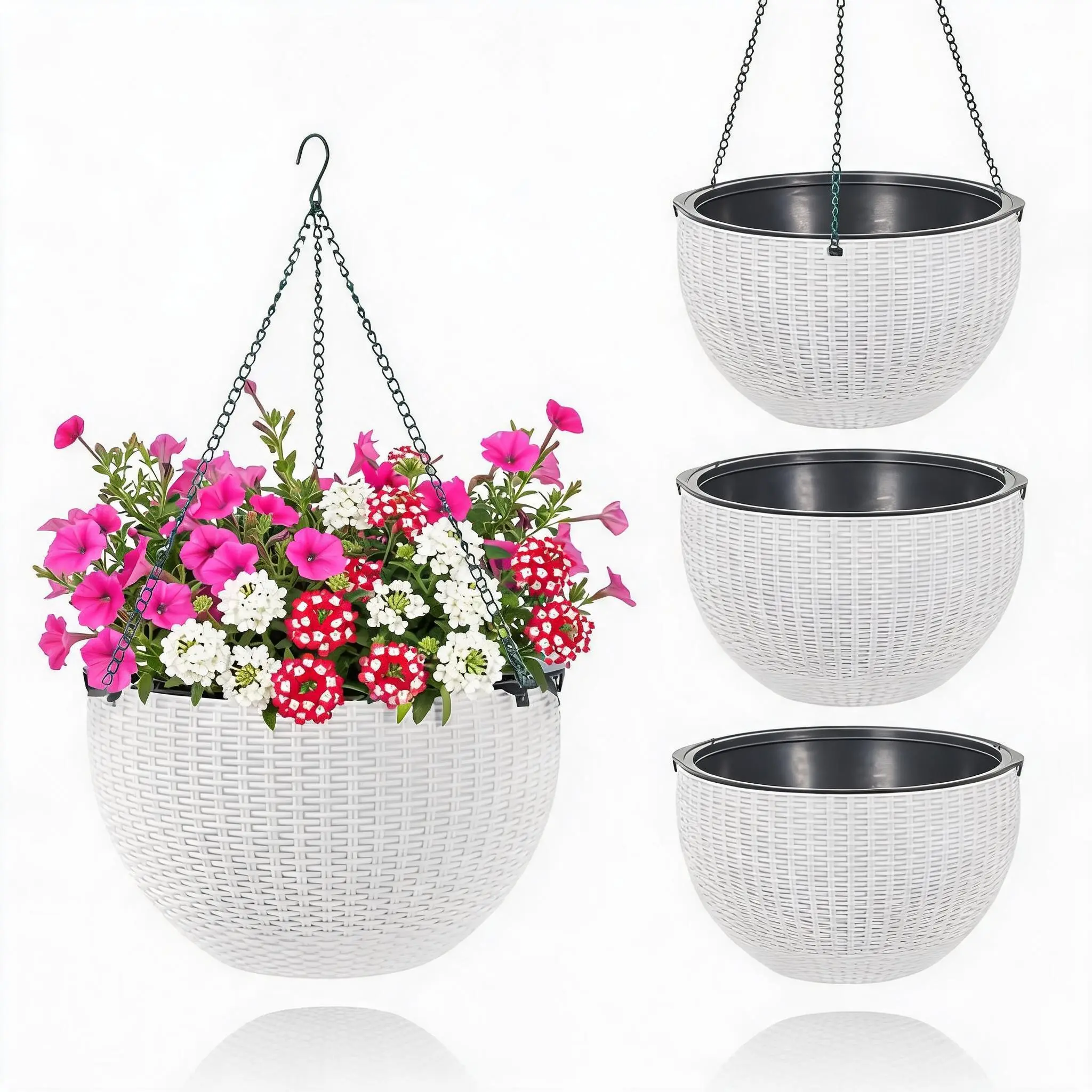 4 Pack Weather Resistant Hanging Basket, Deep Inner Pot Design for Indoor Outdoor Garden Balcony Plant Decor