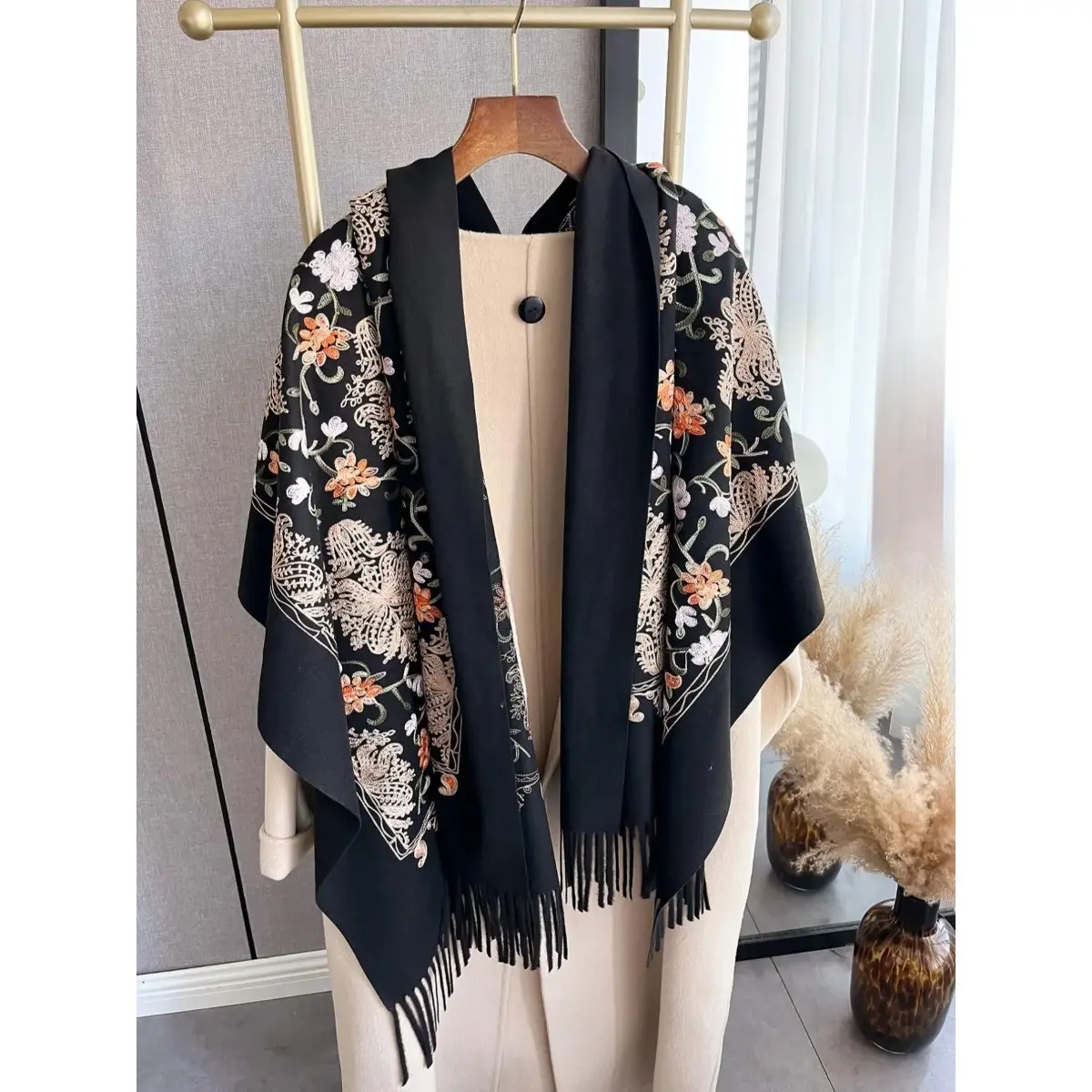 Boho Floral Embroidered Shawl, Women's Soft Cotton Scarf with Tassels - Warm Casual Wrap for Fall & Winter, Tencel, Satin, Washable Cotton, Plain, Italian, Soft Fabric, Embroidery