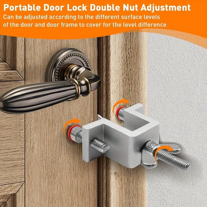 1pcs- Heavy-duty metal portable door lock with double nut adjustment-High-strength safety latch lock with anti-pry plate, which is convenient for home, hotel and dormitory installation-suitable for indoor/outdoor doors-providing enhanced security.
