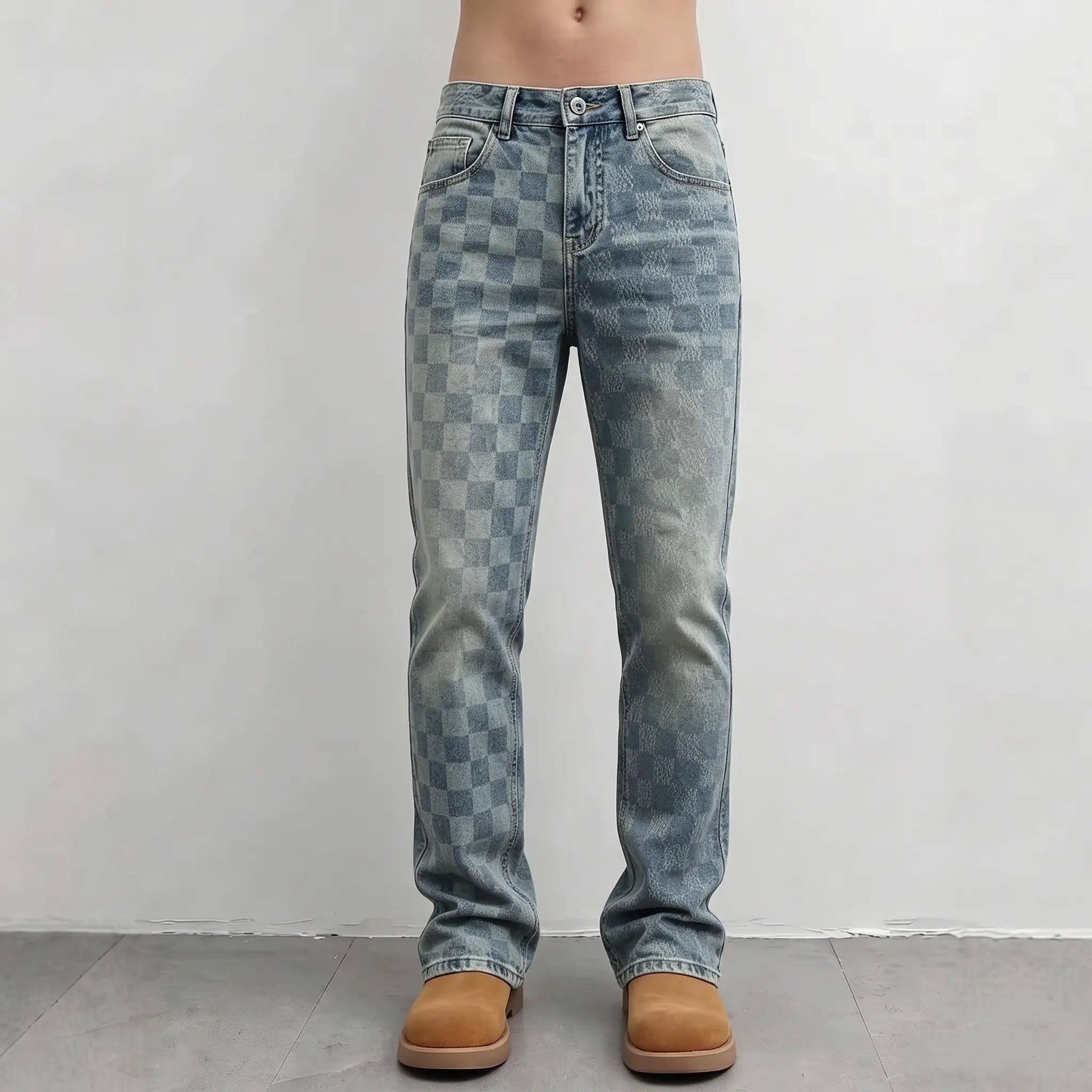 Men's retro washed checkered print wide-leg jeans, faded light blue all-checkered jeans, loose straight leg wide-leg street style jeans.