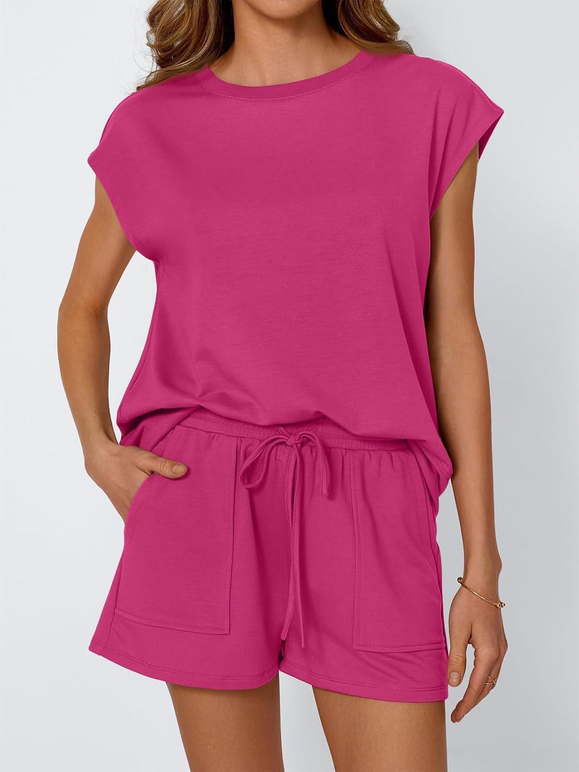 Women's 2-Piece Lounge Set - Sleeveless Cap Sleeve Top & Drawstring Pocket Shorts