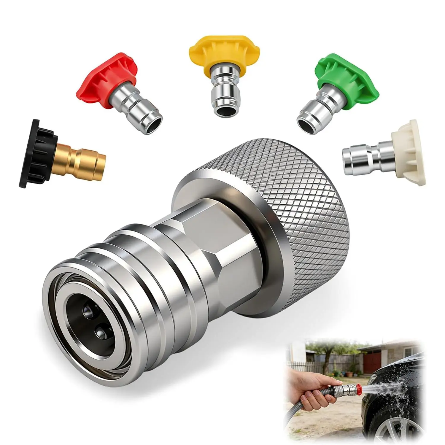 Garden Hose to Mini Power Washer Adapter, 3/4" GHT to 1/4" Quick Connect, Convert Water Hose to Power Washer Connector, Garden Pressure Washer Attachment (Connector + 5 Nozzle Set)