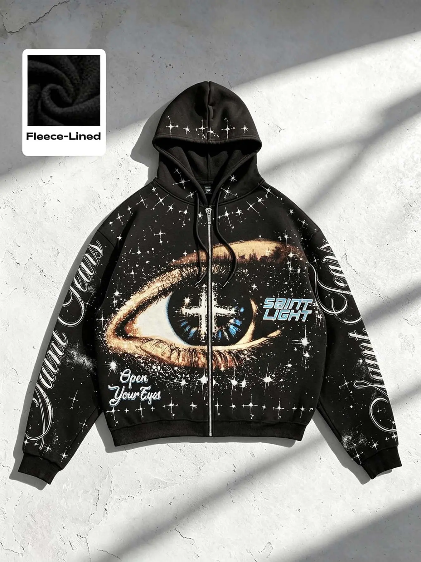 Men's Vintage Starry Night Cross Print Hoodie, Long Sleeve Loose Fit Oversized, Warm Fleece Lining, Y2K Street Style, Fall & Winter Fashion