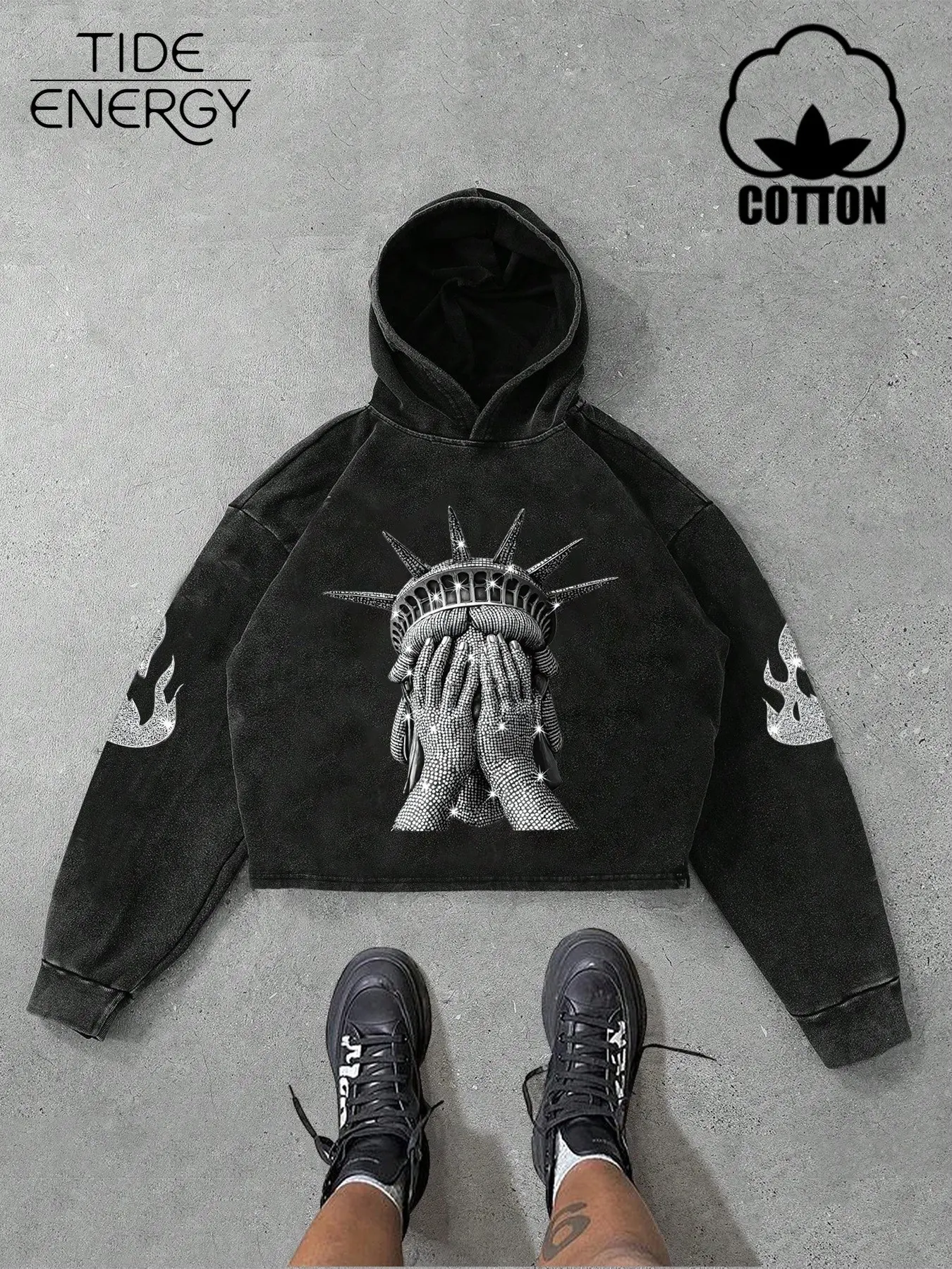 Y2K Style Silver Color Flame Print Hoodie Sweatshirts, Soft Acid Wash Fabric, Unisex Casual Wear, Perfect for Spring Fall, Urban Commute, Subculture Events