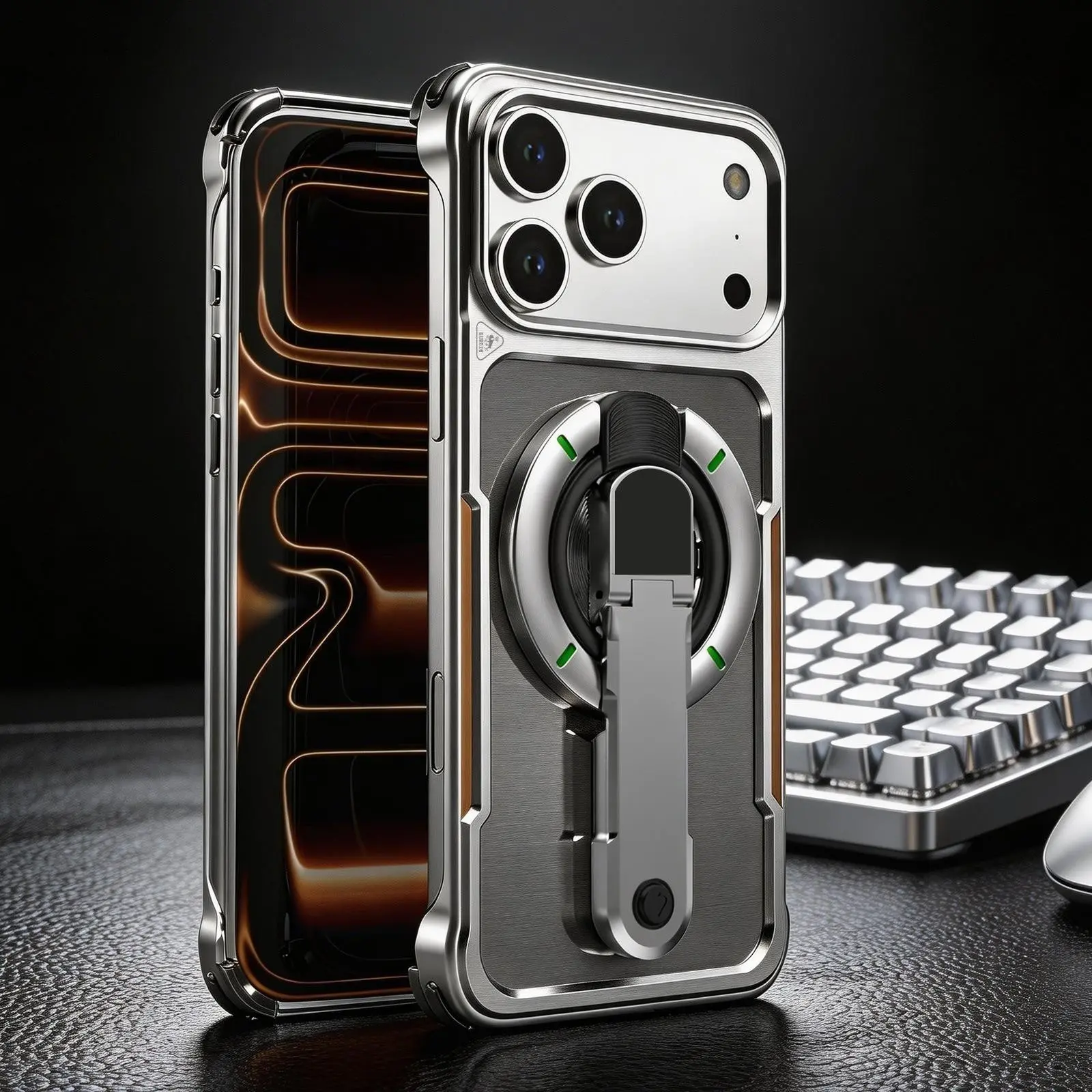 iPhone 17 Pro Max Metal Bumper Protective Case, Durable Aluminum Alloy Ultra-Thin Quick Cooling Design, Rotatable Protective Cover, Includes Screen Protector and Magnetic 360° Rotating Stand Cover