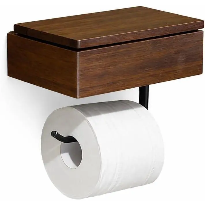Acacia Wood Toilet Paper Holder with Shelf, Wall Mounted Toilet Paper and Wipes Holder with Storage Box, Bathroom Tissue Holder with Phone Shelf for Bathroom, Restroom, RV