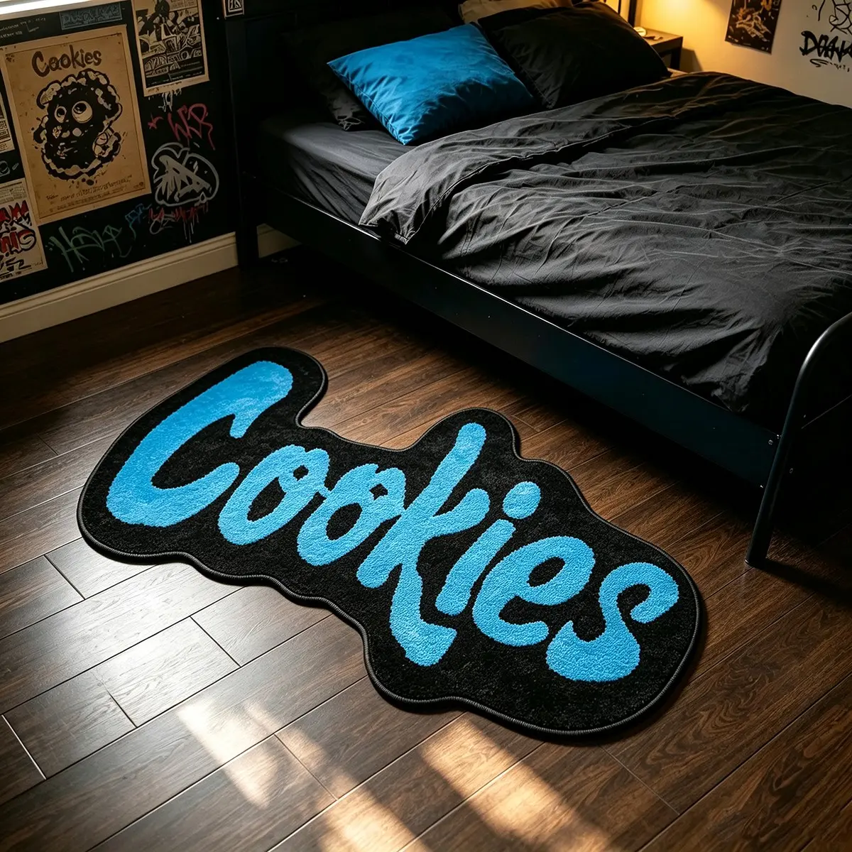 Creative Irregular Shape Wave Edge Cookies Graffiti Text Rug, Soft Easy Clean Plush Carpet, Home Decor for Living Room Bedroom, Contemporary Decorative Rug