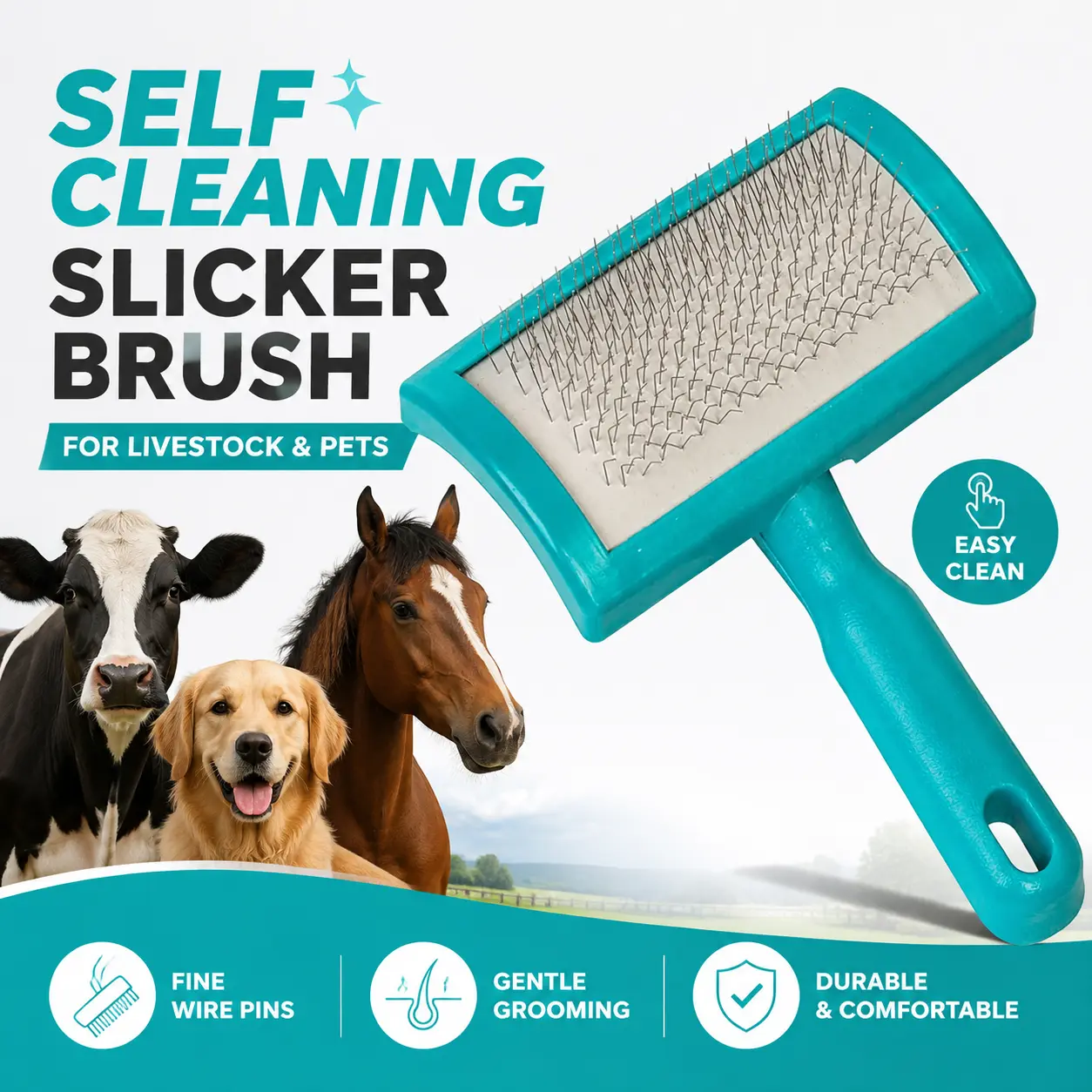 Livestock Self-Cleaning Slicker Brush, Teal Grooming Tool for Barn and Farm Animal Care, Daily Coat Brushing, Easy-Clean Brush for Livestock Grooming and Routine Maintenance