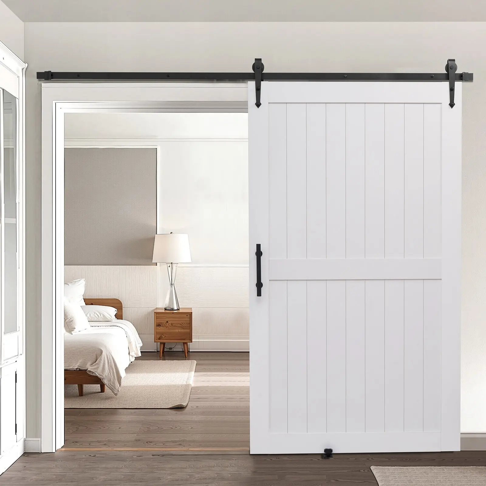 Sliding Barn Door With Hardware Kit 48 X 84 Inch MDF Panel PVC Surface For Interior Rooms, Home Renovation, Rustic Farmhouse Style, Wall Mount Sliding Door System With Tracks And Mounting Hardware Included