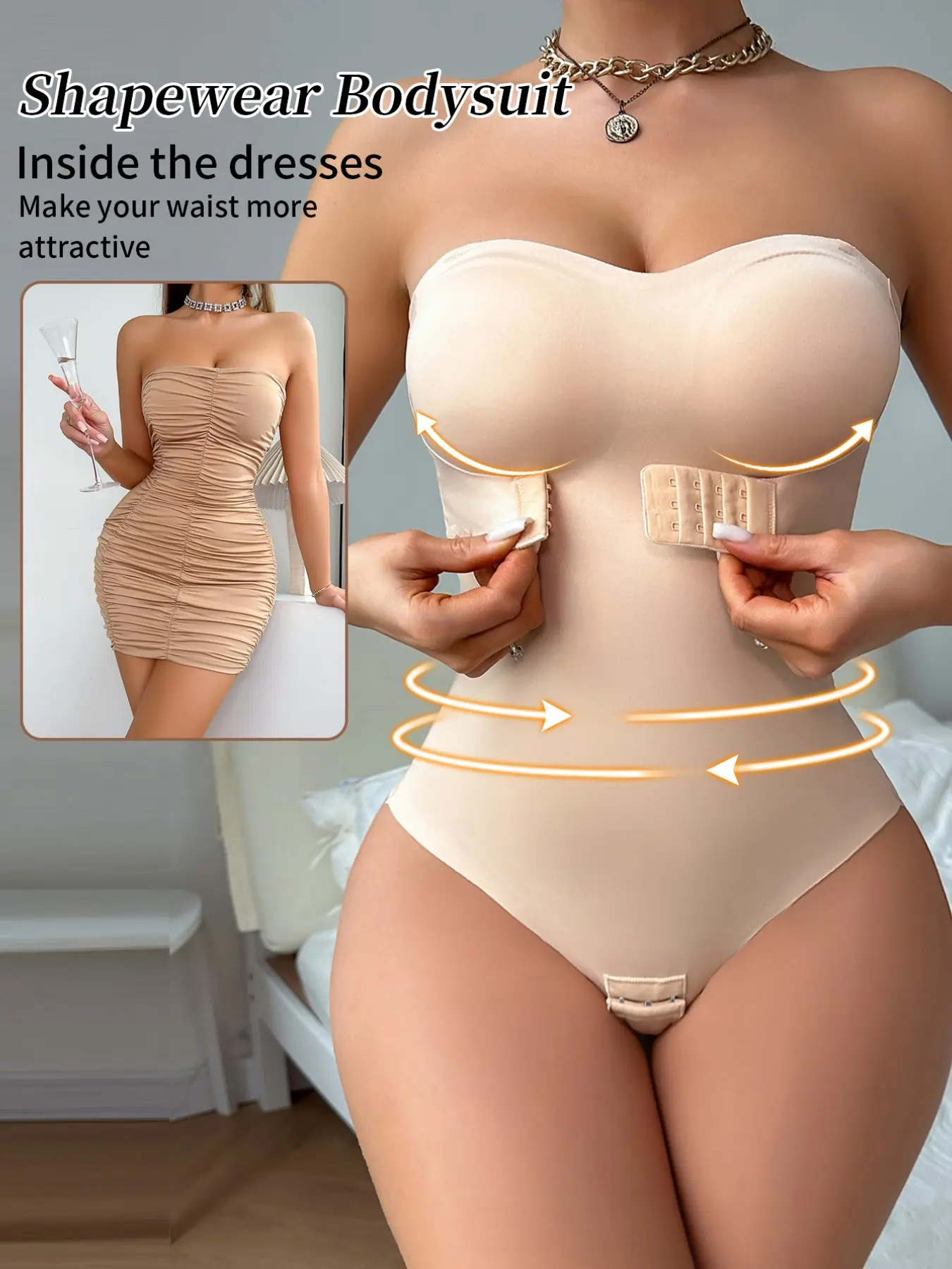 Single Piece Regular Strapless Bodysuit, Waist Cinch Belly Reveal Back, High Stretch Soft Seamless, Adjustable Straps, Casual Home Wear