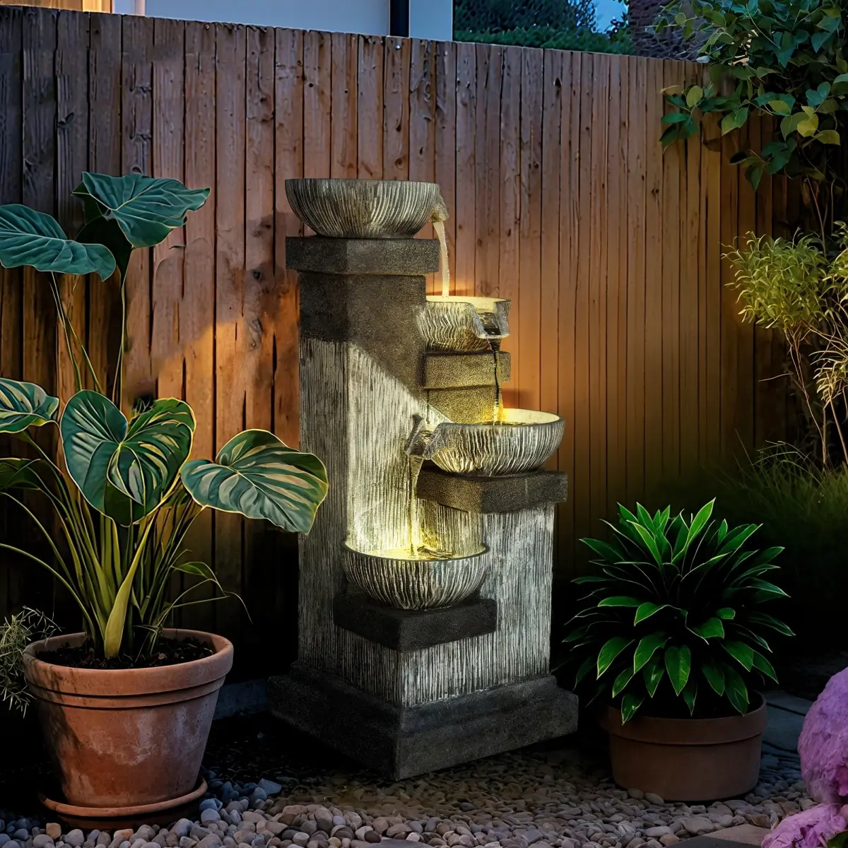 [Fahuac] Outdoor 4-Tier Cascading Fountain with LED Lights | Resin Garden Water Feature with Adjustable Flow Pump | Patio Backyard Decor 33.5" Tall | Weather-Resistant Gray Bowl Design | Outdoor Water Fountain for Garden & Lawn.