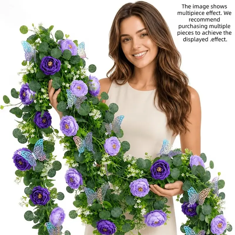 14pcs 178cm Artificial Eucalyptus Wreaths with Roses and Colorful Butterflies, Realistic Floral Decor for Weddings, Parties, Home Decor, Faux Floral Decor, Decorative Flower Wreath, Artificial Flower Decorations