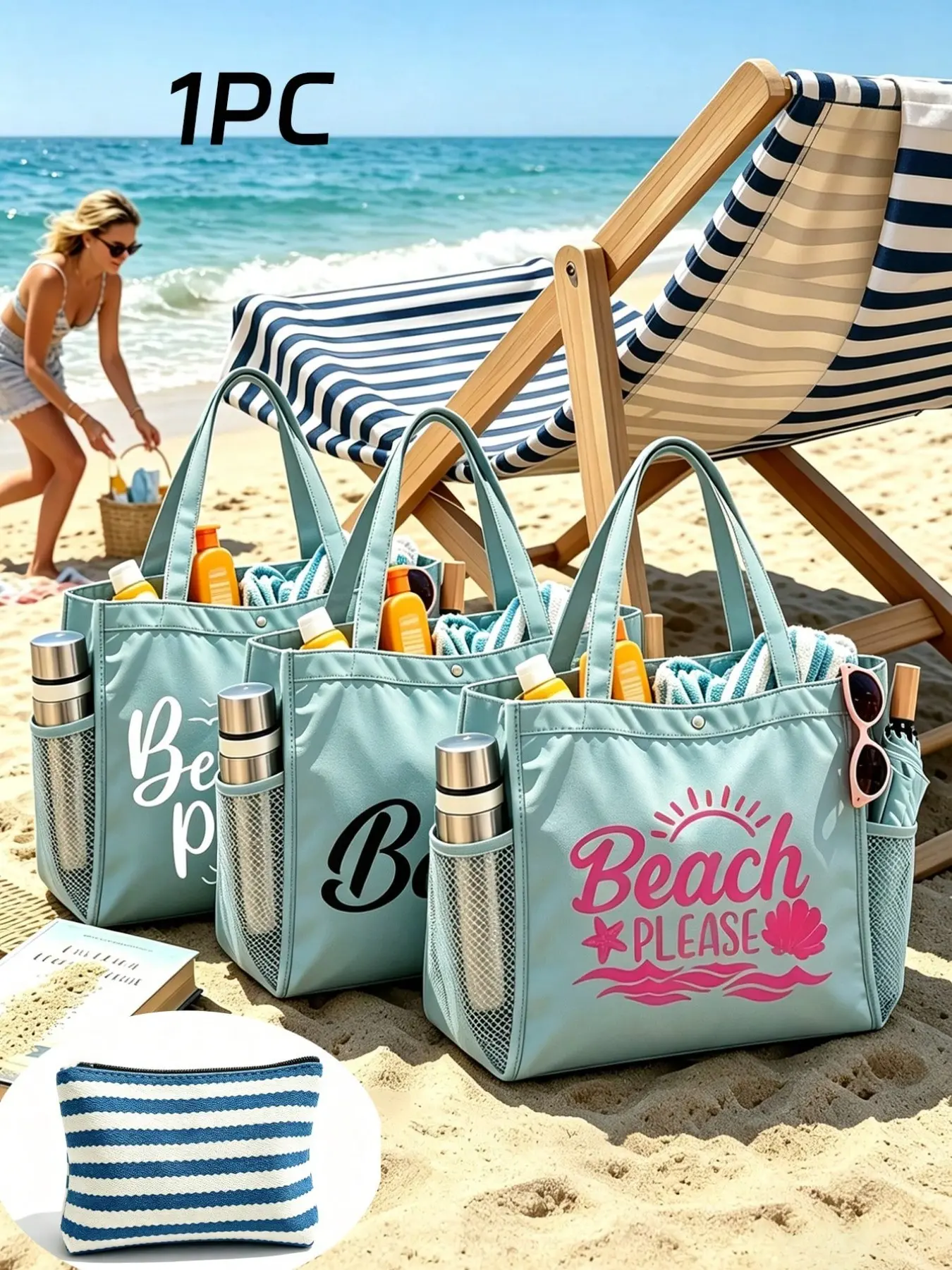 Large Beach Tote Bag, Waterproof Washable Shoulder Bag, Foldable Travel Pouch, Summer Surfing Camping Weekend Essentials, Beach Bags, Multiple Designs Available