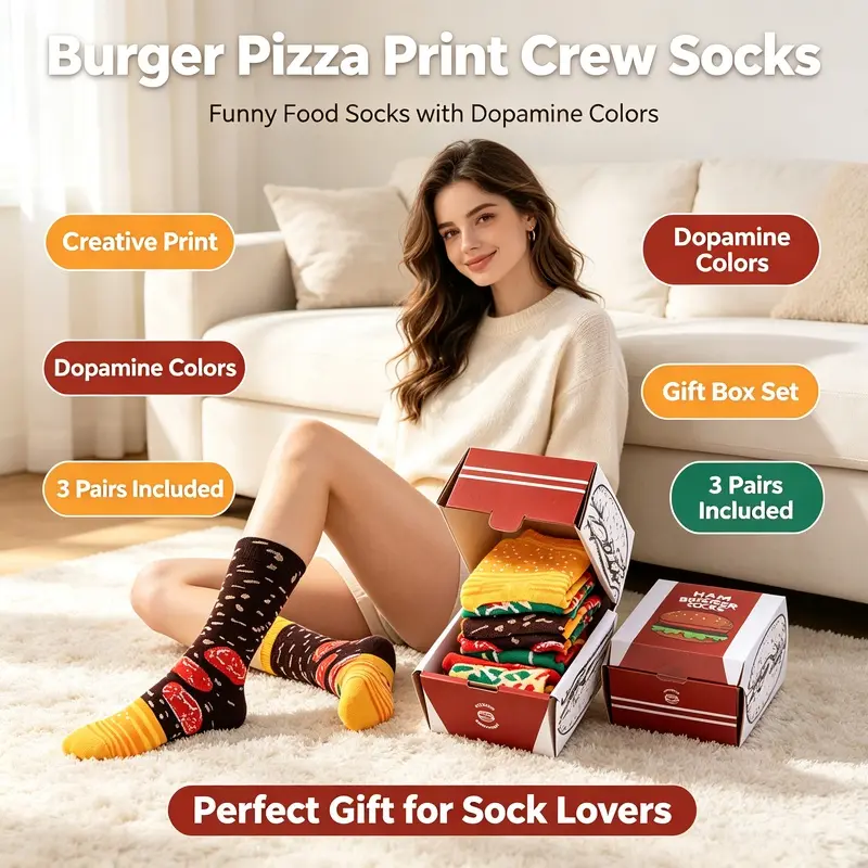 3 Pairs Novelty Food Pattern Crew Socks, Funny Hamburger Pizza Printed Colorful Dopamine Casual Mid Calf Socks, Creative Graphic Socks with Gift Box, Ideal Present for Men Women