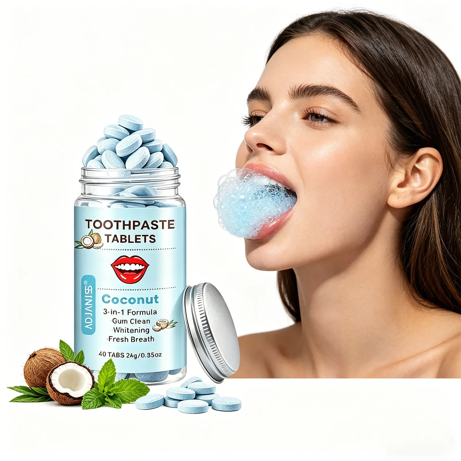 Coconut-Flavored Chewable Toothpaste Tablets | Travel-Friendly Solid Tooth Tablets for Teeth Whitening, Gum Care, and Fresh Breath, 40-Count Pack
