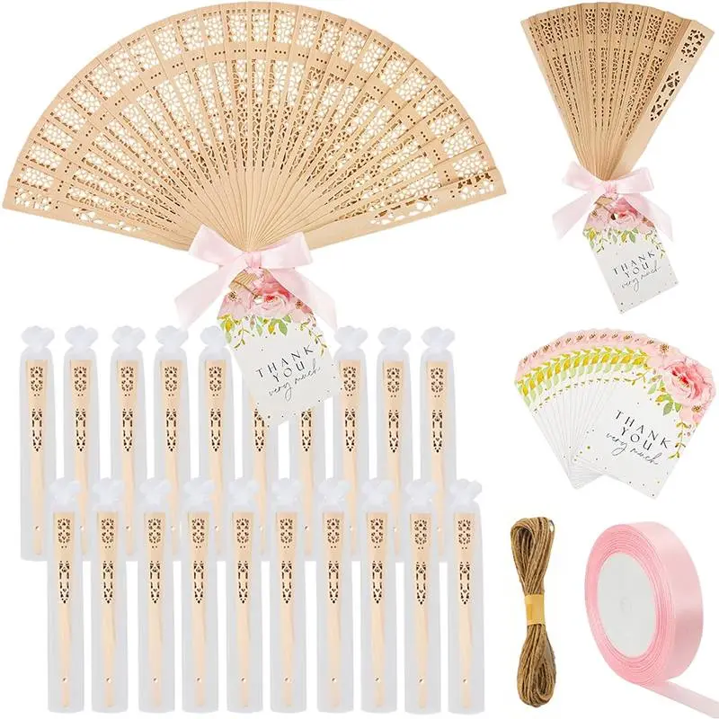 20/40Sets Wooden Hand Fan Sandalwood Wood Handheld Folding Fans with Ribbon or tassel Thank You Tag for Wedding Guests Baby Shower Birthday Bridal Gifts Party Favors