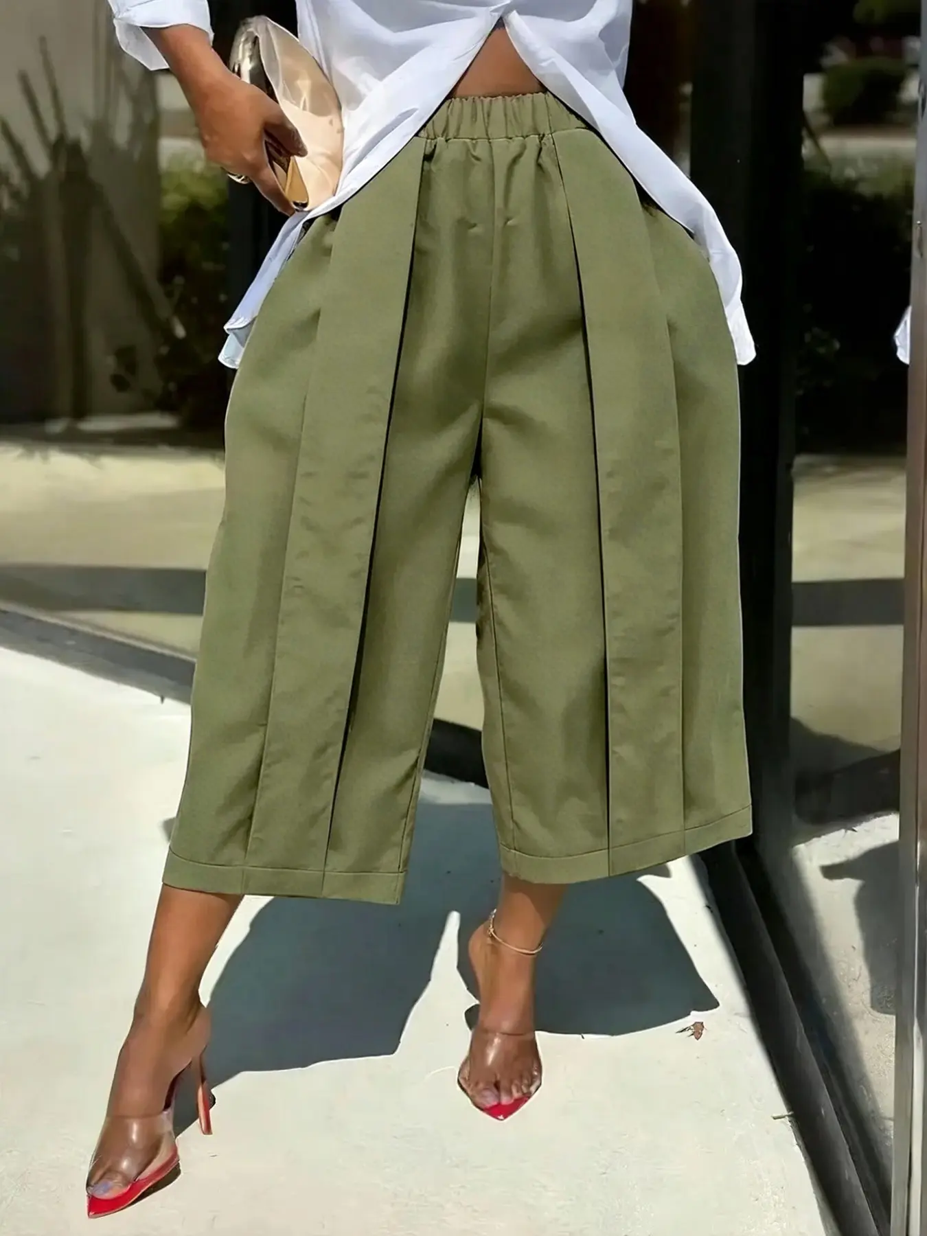Women's Wide Leg Seven-Quarter Pants Bottom, Summer New Arrival, Elastic Waist, Pleated Slim Fit, Casual Camouflage Workwear