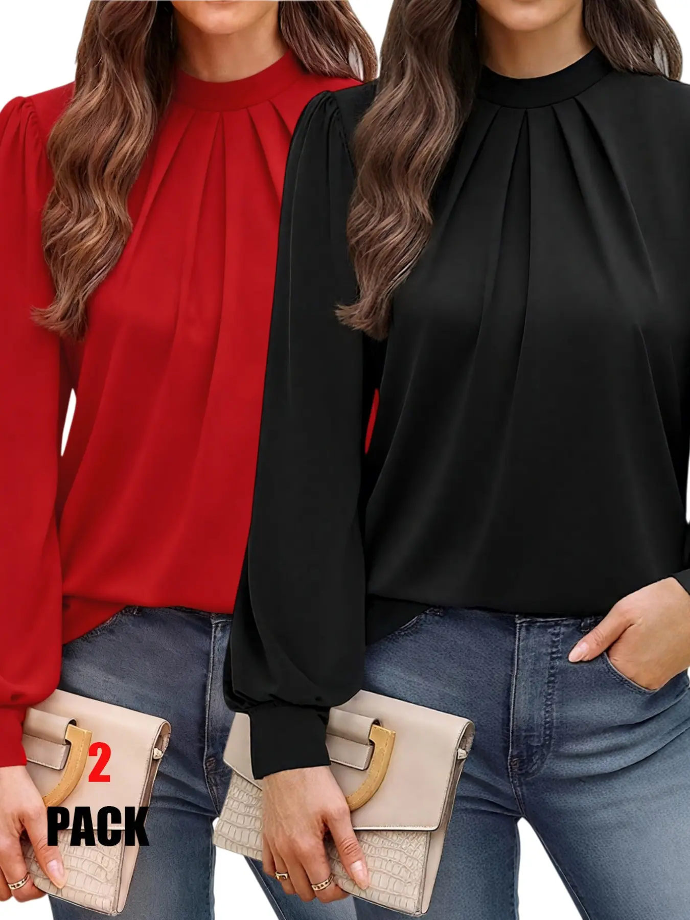 2-Piece Stand Collar Pleated Bubble Sleeve Soft Lightweight Chiffon Shirt, Elegant Loose-Fit Long Sleeve Blouse, Women's Office Daily Wear Top