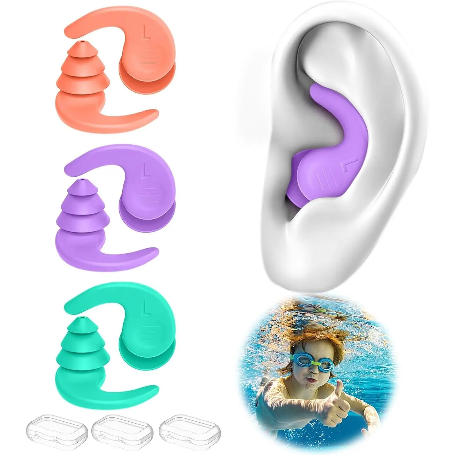 Kids Swimming Ear Plugs, 3 Pairs Waterproof Reusable Silicone Earplugs for Swimming, Surfing, Bathing, Showering - Suitable for Boys and Girls Ages 4-12