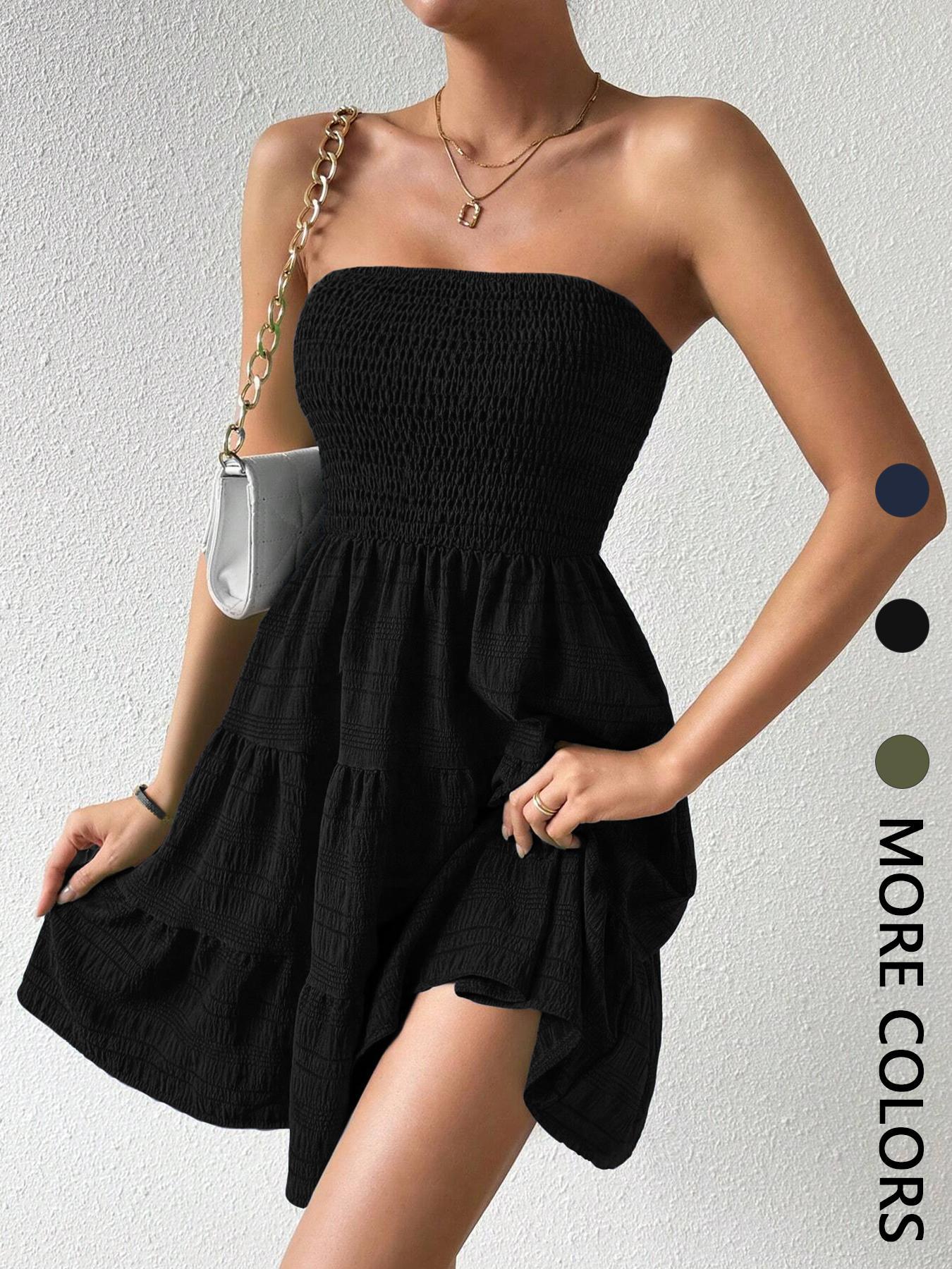 Women's Solid Shirred Frill Ruffle Hem Tube Dress, Fashion Casual Sleeveless Strapless A Line Dress for Daily Outdoor Wear, Women Dress for Summer, Summer Dresses, Womenswear, Lady Formal Elegant Dress