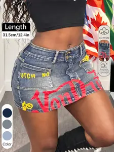 Women's Y2K Vintage Graffiti Denim Short Skirt, High-Waisted Stretchy Casual Wear for Outings & Parties