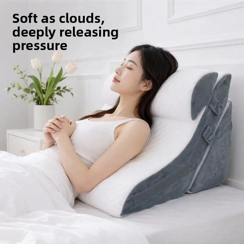 Multi functional adjustable wedge pillow set - posture support, relieves acid reflux and snoring, suitable for postoperative use, back/neck support - grey mattress with detachable, machine washable outer cover (triangular and C-shaped), bed reading pillow