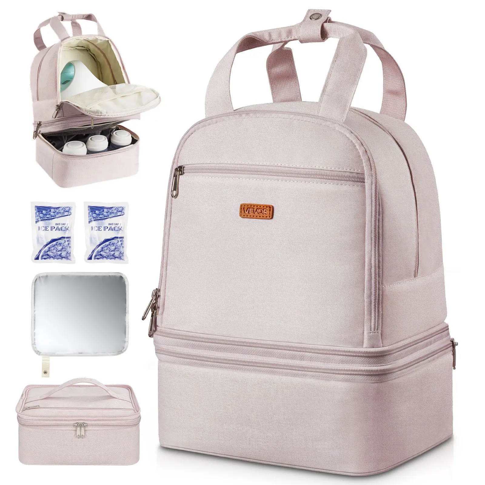 VEVOR Portable Breast Pump Backpack, Light Pink Breast Feeding Bag with Ice Pack, Fits S1/S2, Holds Pumping Accessories & Breastmilk Storage, Portable Size Work Travel Carrying Case, Zipper, Shoulder Strap