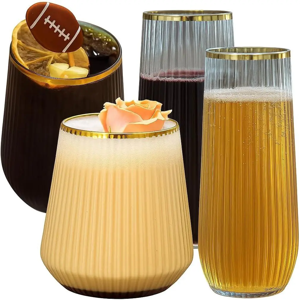 48 Pack Disposable Plastic Champagne Flutes &  Glasses - Stemless | 24 9oz Flutes, 24 12oz Cups,  Rim, Ribbed, , Shatterproof, , Recyclable, for Wedding Party Birthday