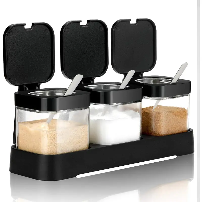 Modern Glass Seasoning Canister Set with Lids and Spoons - Kitchen Utensil Containers, Sugar Bowls, Automatic Salt Pepper Shaker, Pill Crusher - Holiday Gift for Christmas, Thanksgiving, Includes Spoons