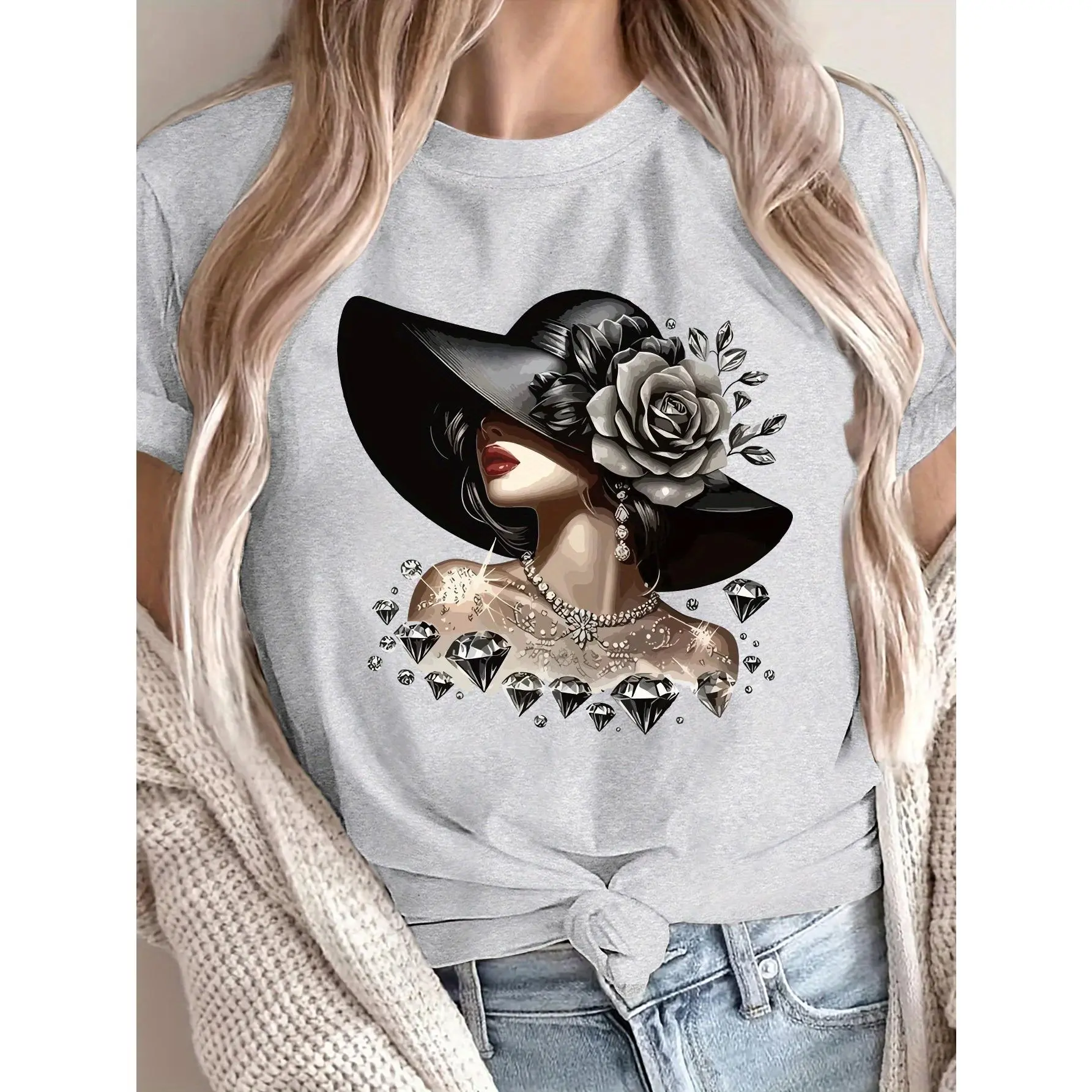 Lady's Short Sleeve Round Neck Top - Targeted Fashion Portrait Print, Soft Breathable Polyester Fabric, Casual Women's T-Shirt, Shortsleeve, Tshirt, All Seasons, Crew Neck, Graphic