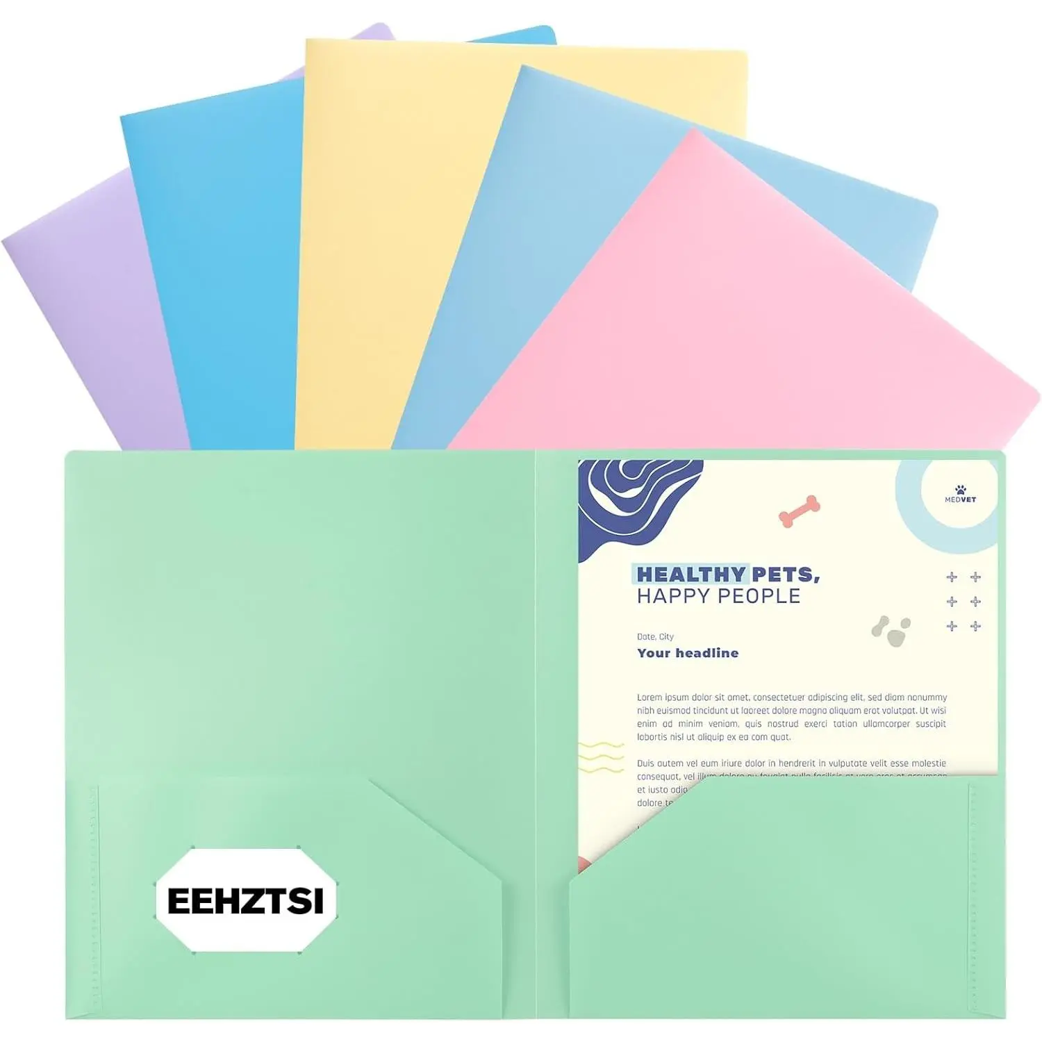 6-Pack Plastic Folders with Pockets,2-Pocket Poly Folders Holds US Letter Size Paper for School/Office/Home, Pastel Color, Assorted