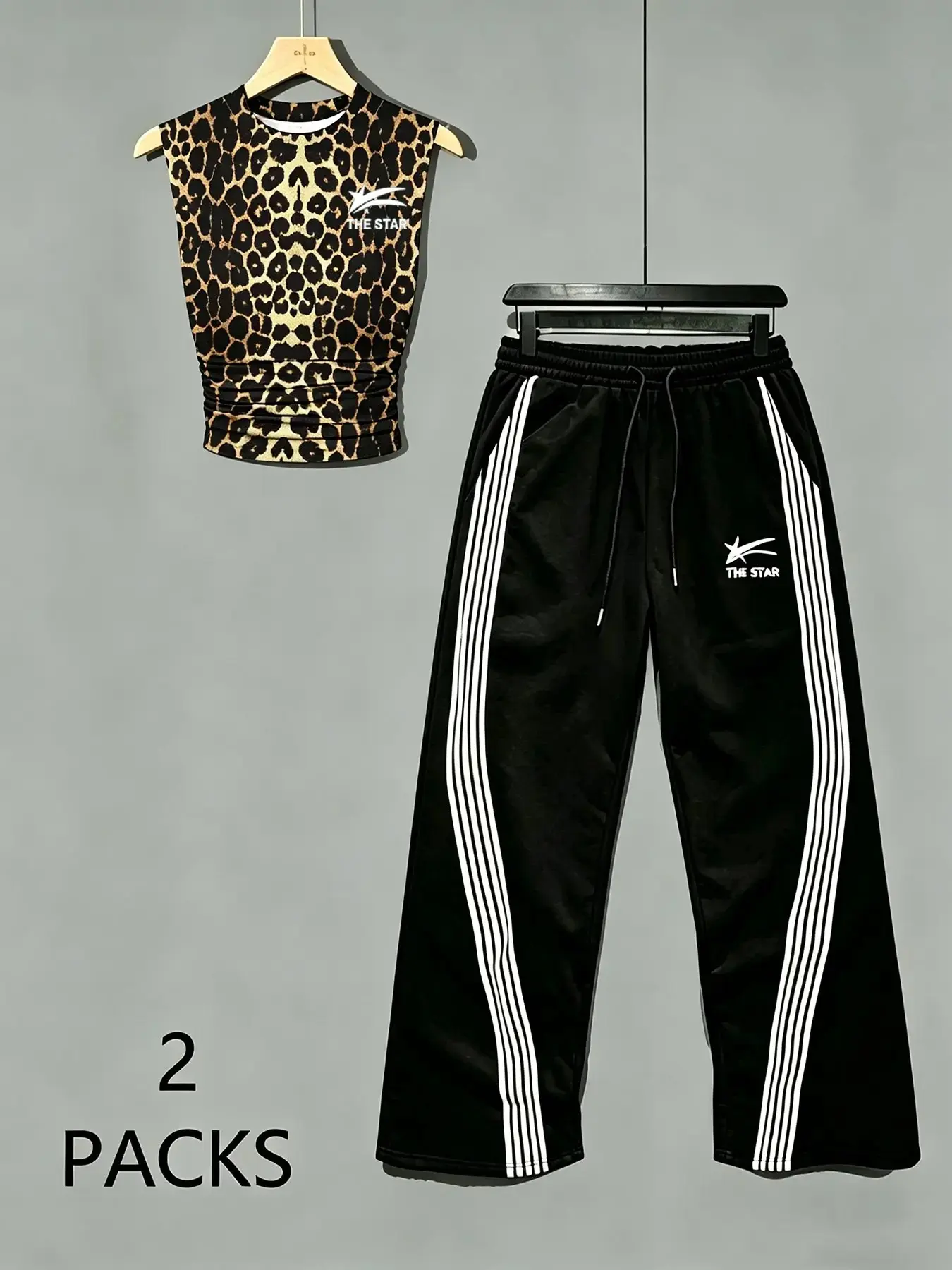 Women's Sweet Savage Chic Style Ruched Sleeveless Top + Striped Sweatpants Set, Mid Waist Loose Fit, All Seasons Fashion#WomensFashion #TwoPieceOutfit #MultipleColors #Sportswear #StripedTrackPants #CasualGymWear#CleanFitWomen
