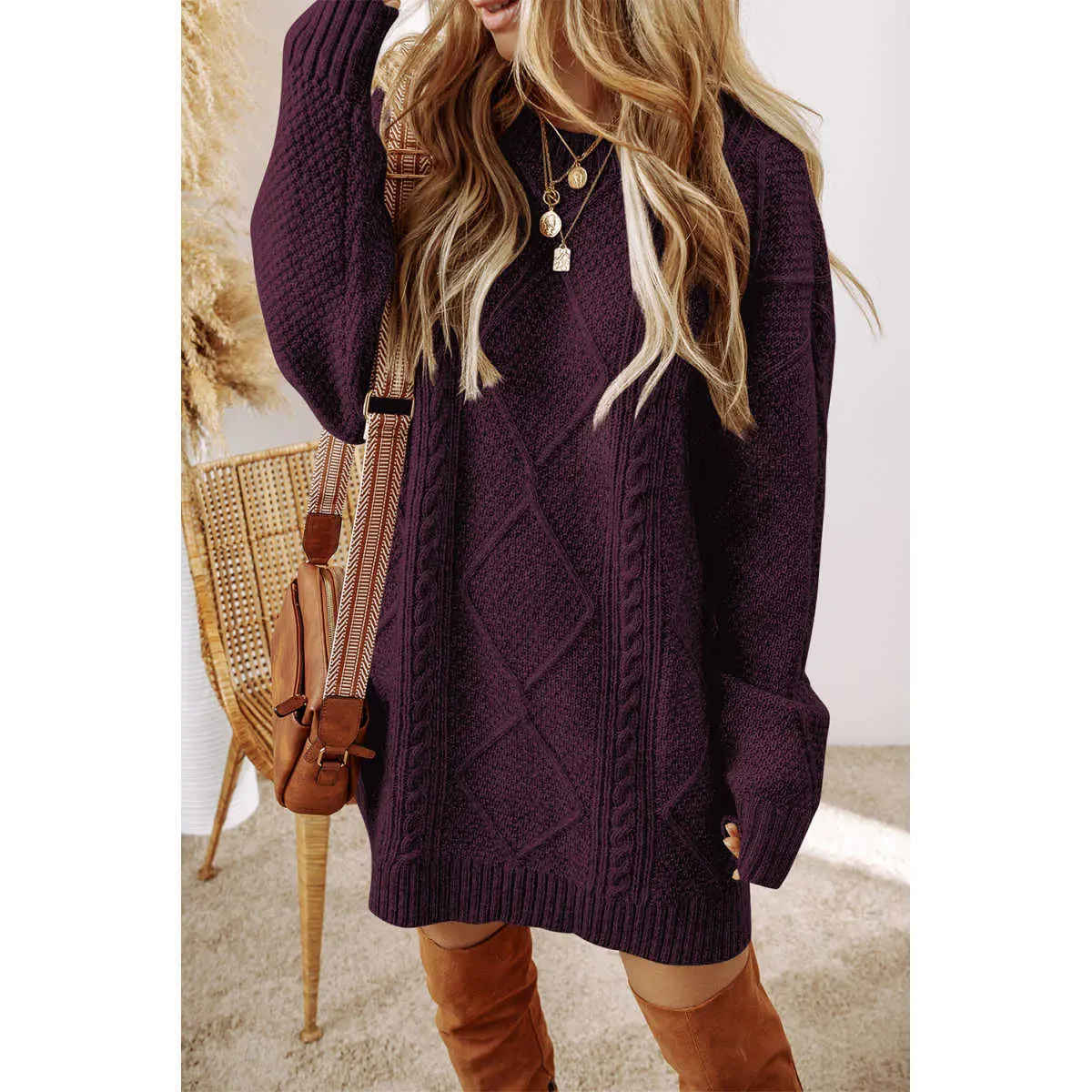 Burgundy Cable Knit Drop Shoulder Loose Fit Sweater Dress