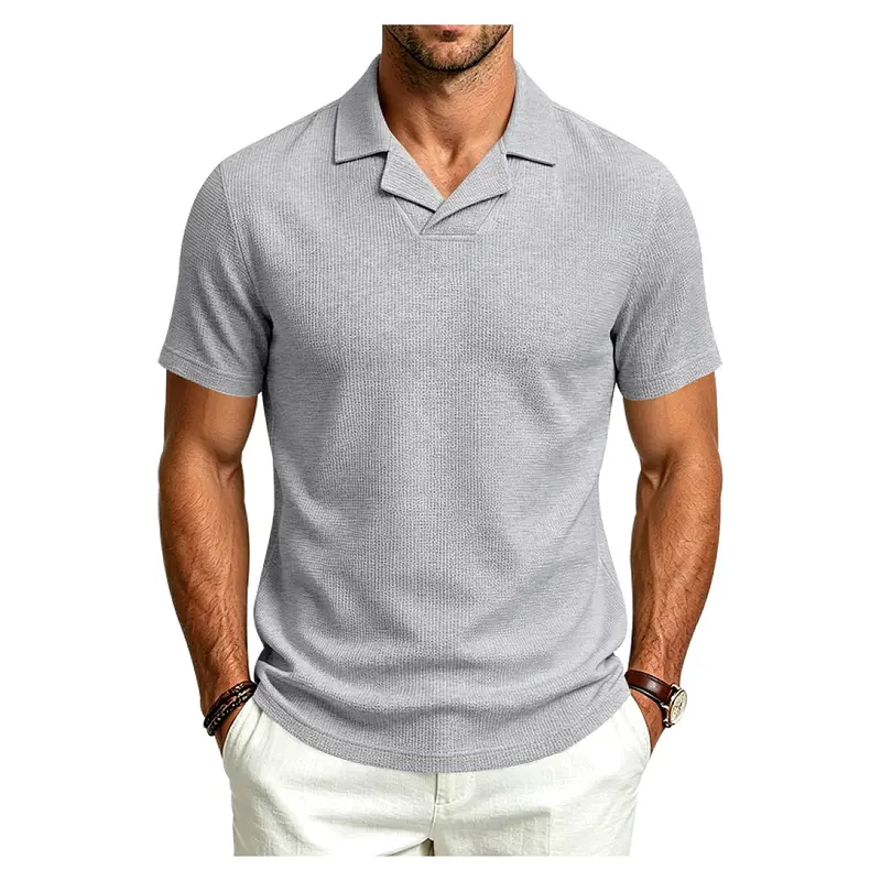 Men's Summer Waffle Knit Cuban Collar Short Sleeve Polo Shirt, Loose Minimalist Old Money Style V Neck Casual Top, Breathable Solid Color Blouse for Business Commute Beach Vacation Urban Street Fashion Outfit
