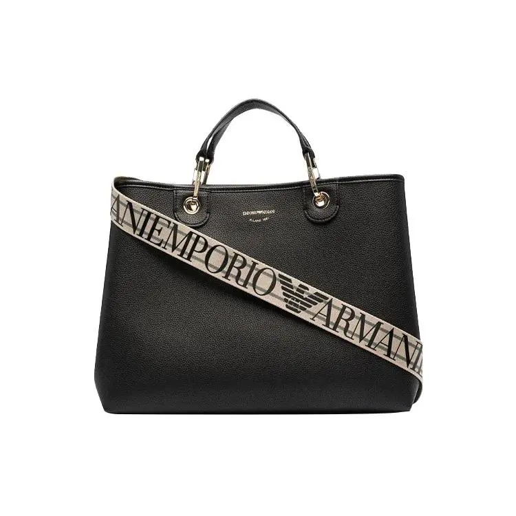 Emporio Armani Classic Retro Letter Logo Tote Bag for Women – PU Shoulder Handbag, Black