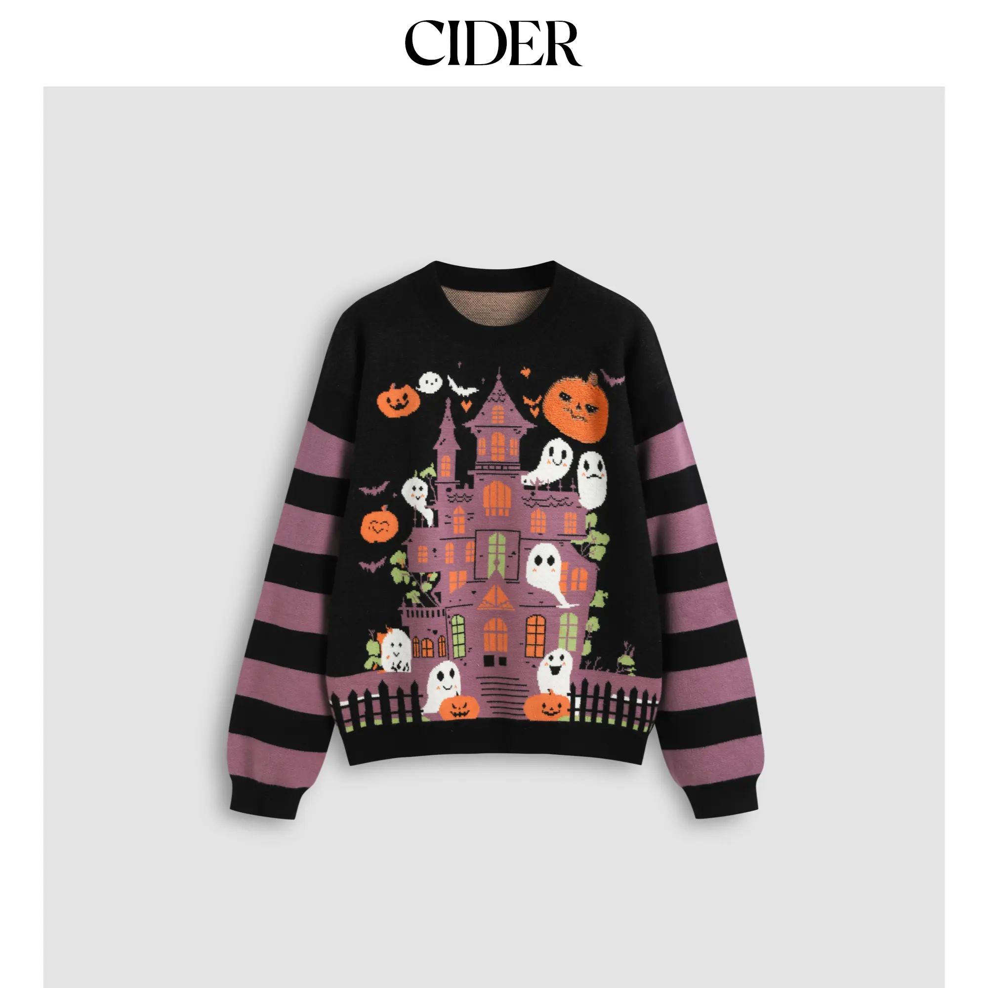 Cider [size 2-10] Knitted Round Neckline Halloween & Ghost Pumpkin Striped Sweater