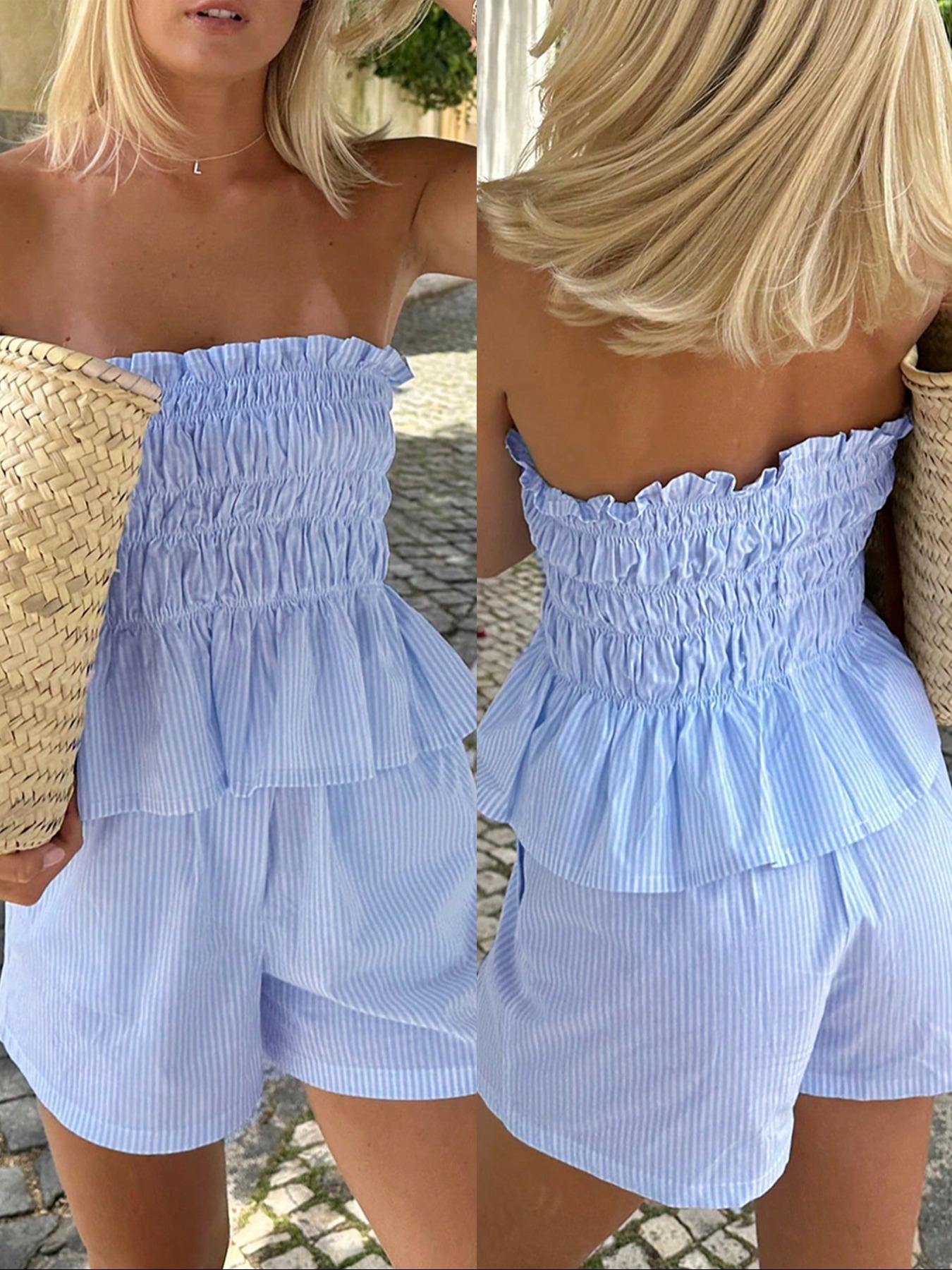 Two-piece Set Women's Striped Print Tube Top & Shorts Set, Casual Strapless Top & Shorts for Daily Wear, Ladies Clothes Womenswear for Summer Outfit