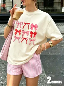Women's Fashion Bow Print Round Neck T-Shirt + Plaid Shorts Set, Casual Oversize Loose-Fitting Two-Piece for Daily Wear