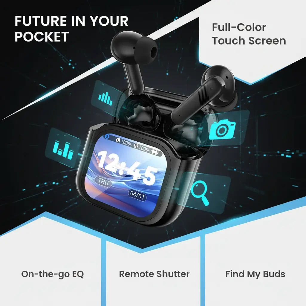 Bluetooth 5.4 Wireless Earbuds with LED Touch Screen, ANC Noise Cancelling, IPX7 Waterproof Sports Earphones
