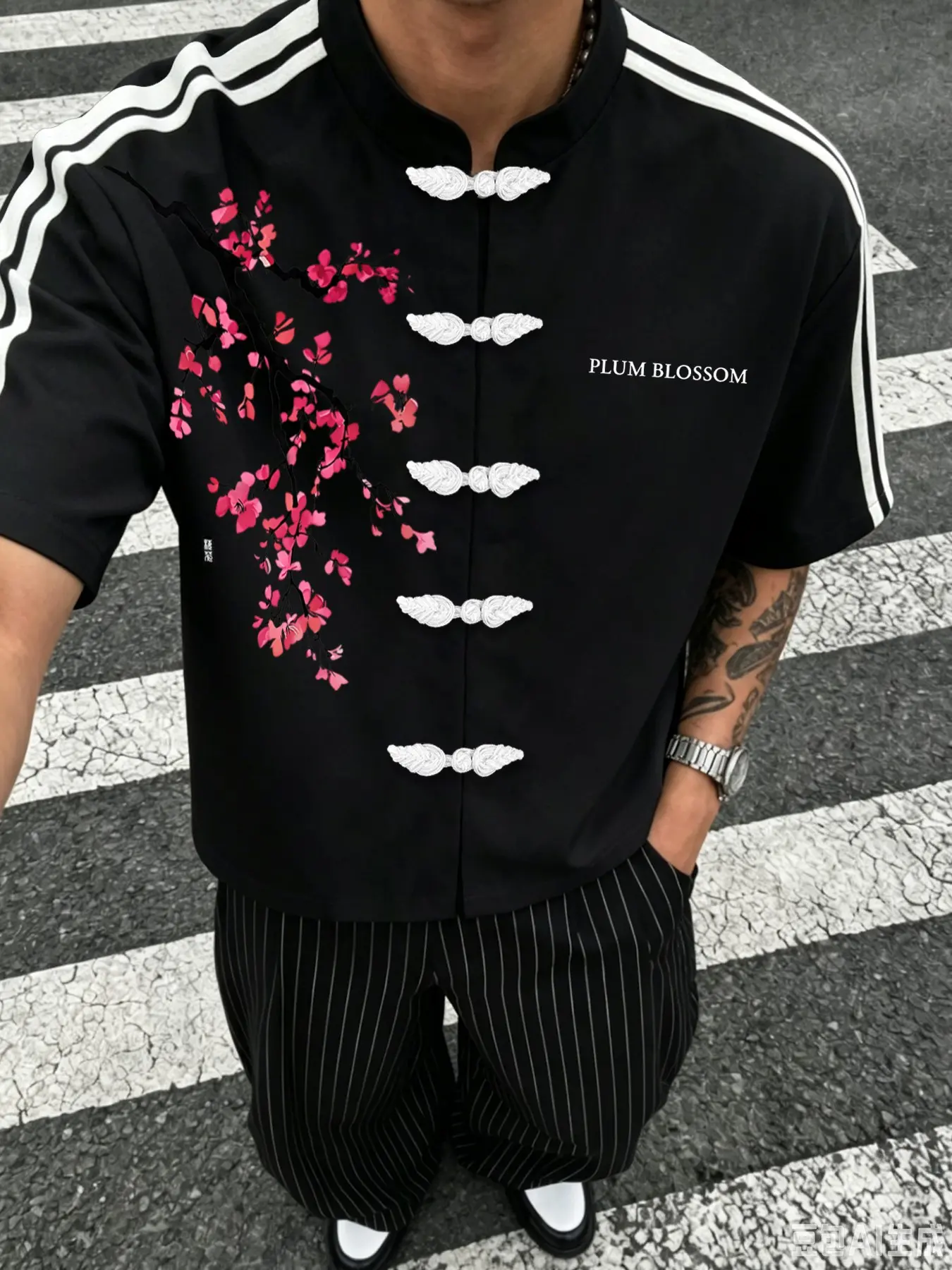Men's Short Sleeve Shirt, Stand Collar Button Front, Plum Blossom Print, Loose Fit, Summer Fashion, New Chinese Style