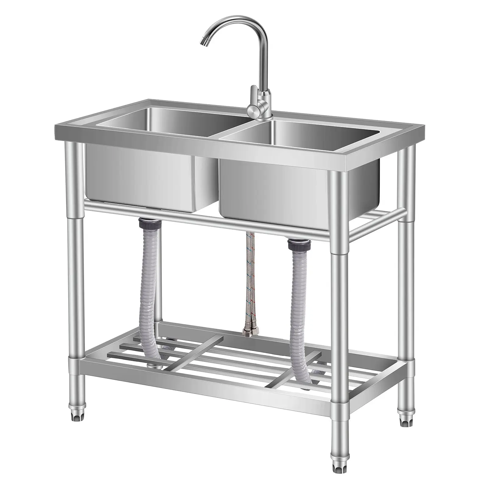 Stainless Steel Utility Sink with Faucet & Workbench, Commercial Freestanding Sink with Hot & Cold Water Pipes, Storage Shelf for Restaurant, Kitchen, Garage, Laundry, Outdoor, Multiple Sizes