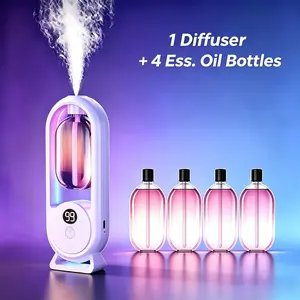 Small Automatic Spray Diffuser with 4 Bottles of Gardenia Essential Oil, 7-Color Ambient Light, 4 Spray Speed Settings, 50ML