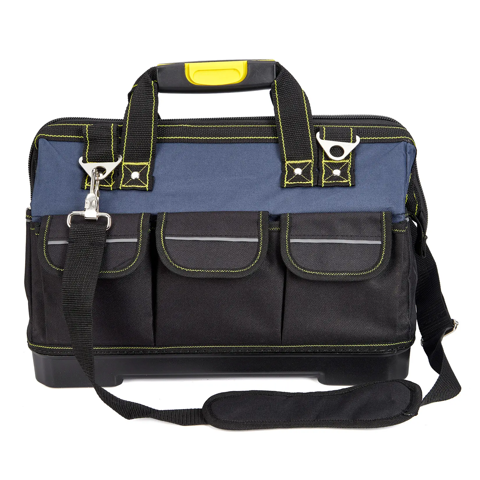 19" Heavy Duty Oxford Tool Bag, Waterproof with Molded Plastic Base, Wide Mouth & Adjustable Shoulder Strap, Large Storage for Mechanics, Electricians, Contractors - Blue