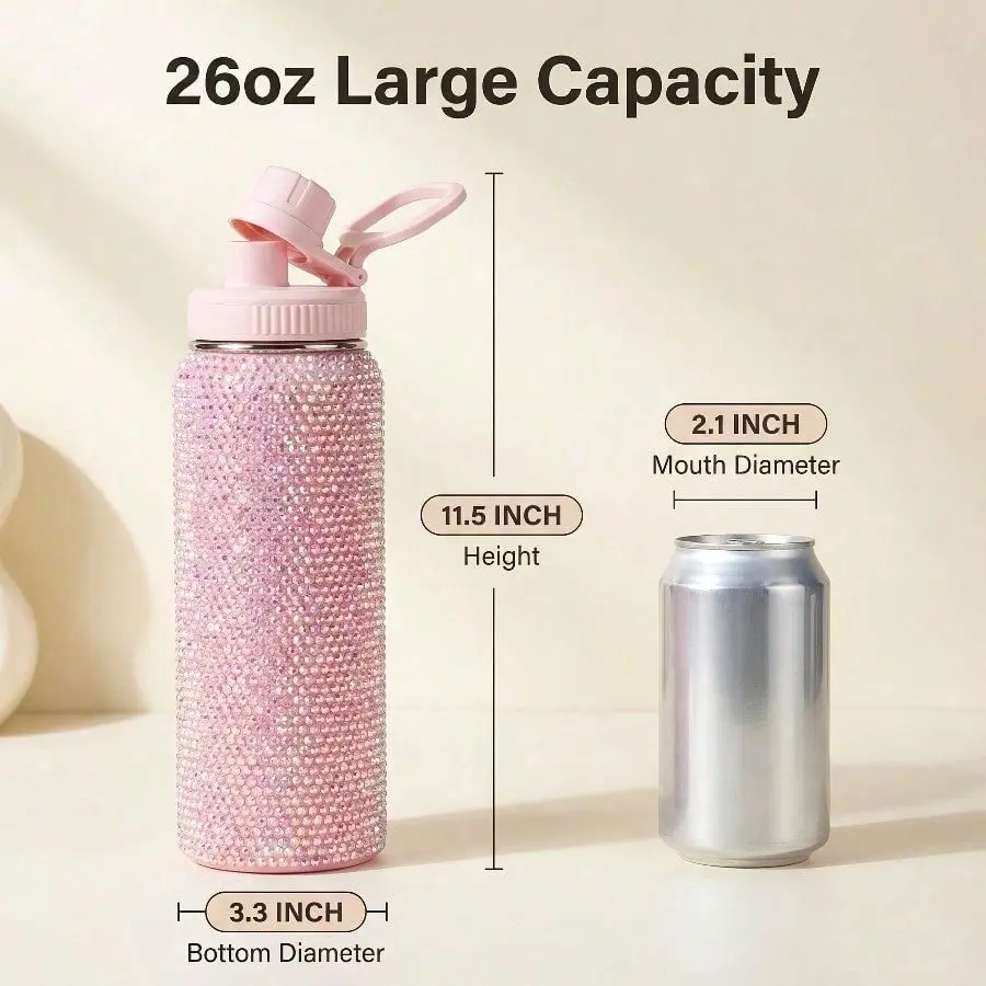 26oz Diamond-Stainless Steel Insulated Portable Stylish Tumbler Flask - Leak-Proof Water Bottle with Rhinestones, Lid, Straw, Year-Round Use, Ideal Happy Birthday Gift for Loved Ones, Flasks, Valentine's Day